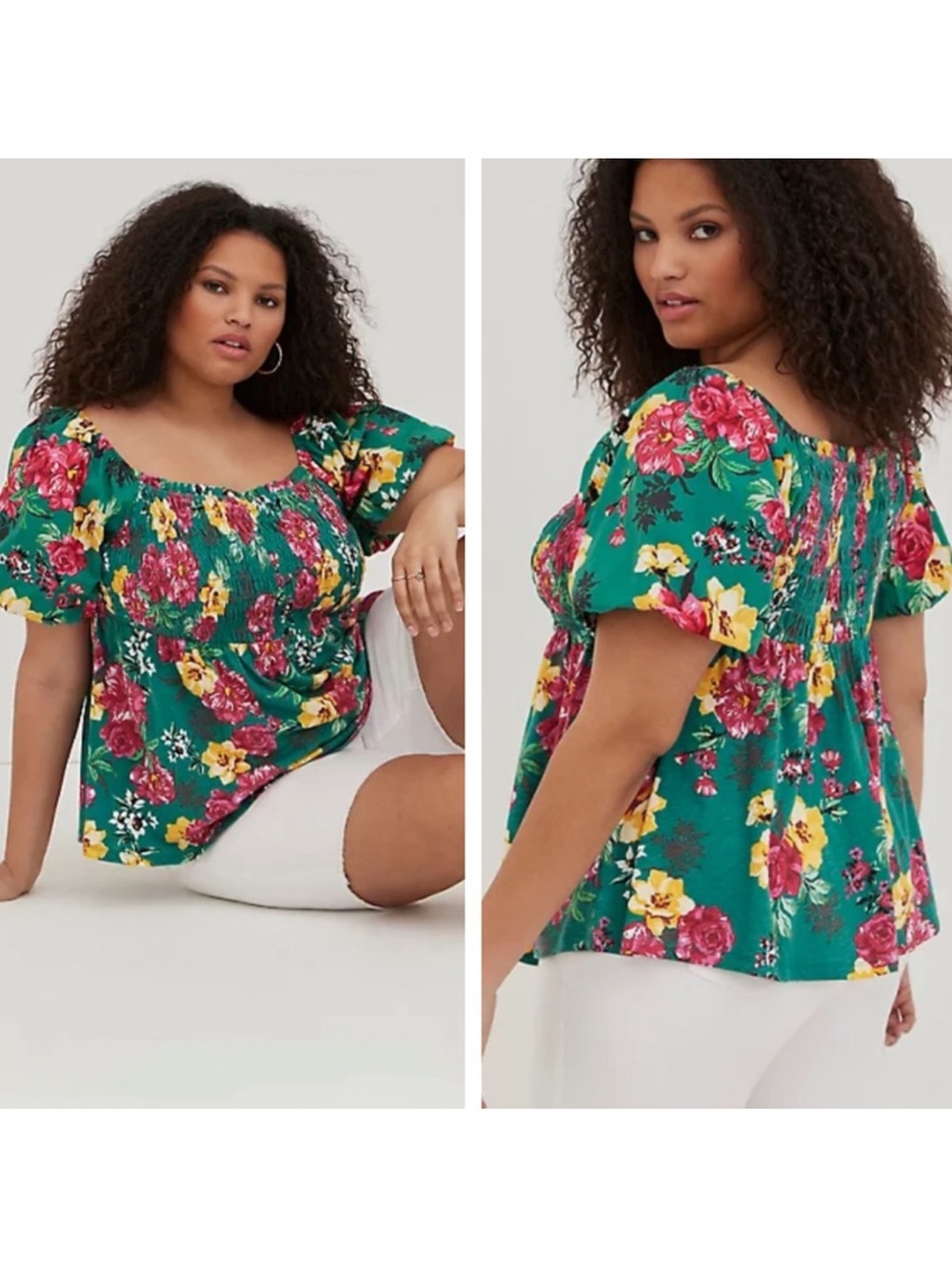 Torrid Womens Floral Puff Sleeve Top Size 5X Green Smocked Vacation Travel